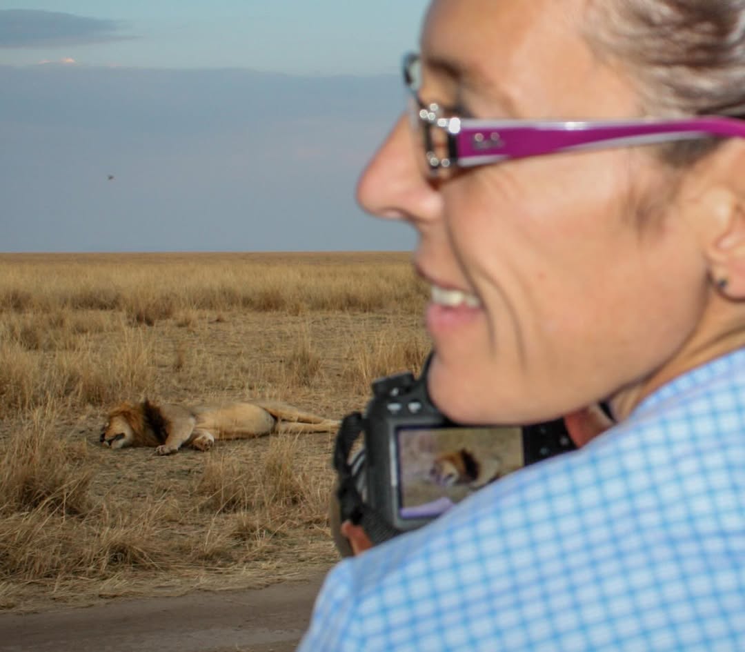 Tourist photographing elephants from a safari vehicle
